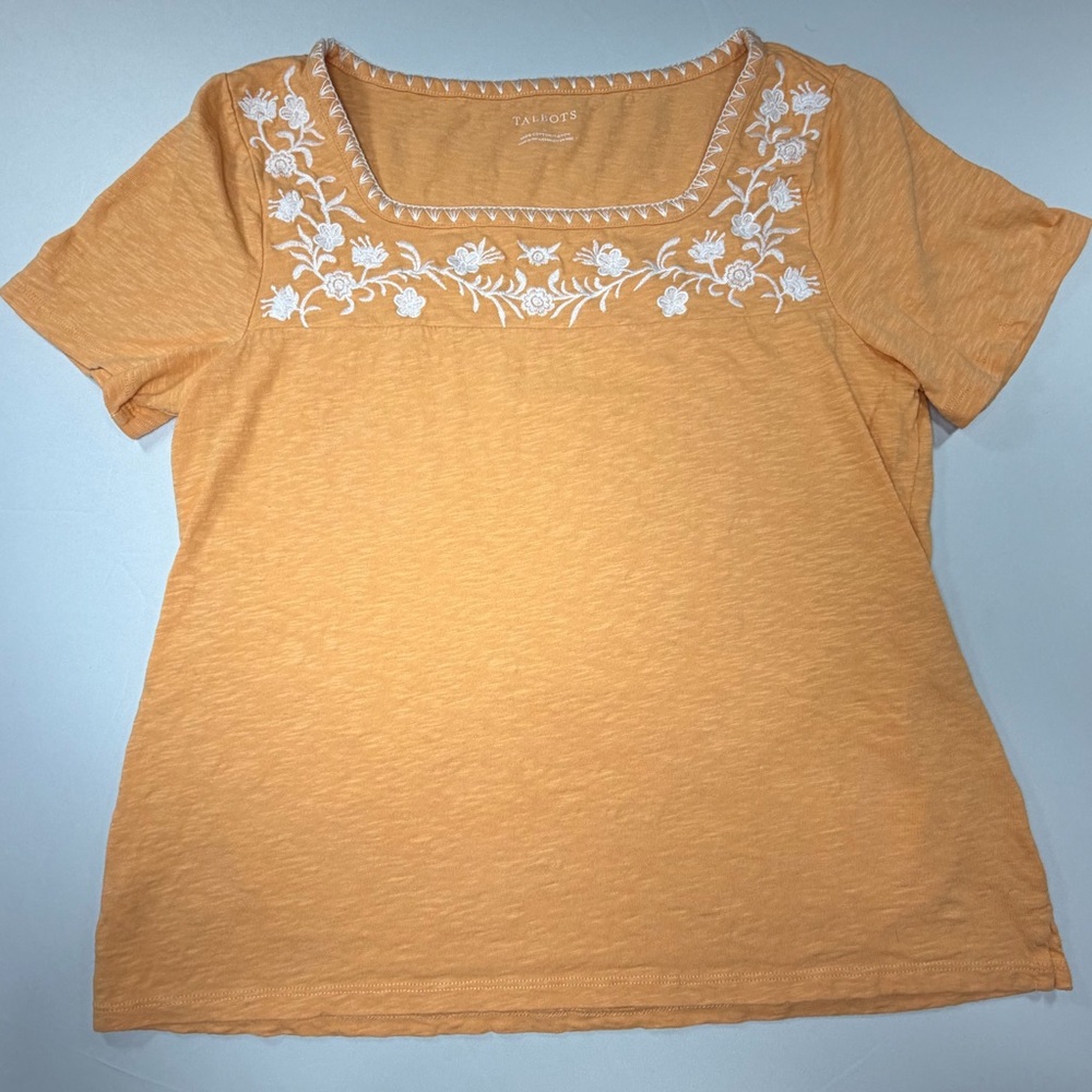 Talbots Orange Embroidered Floral Top Women’s Large Cotton Boho